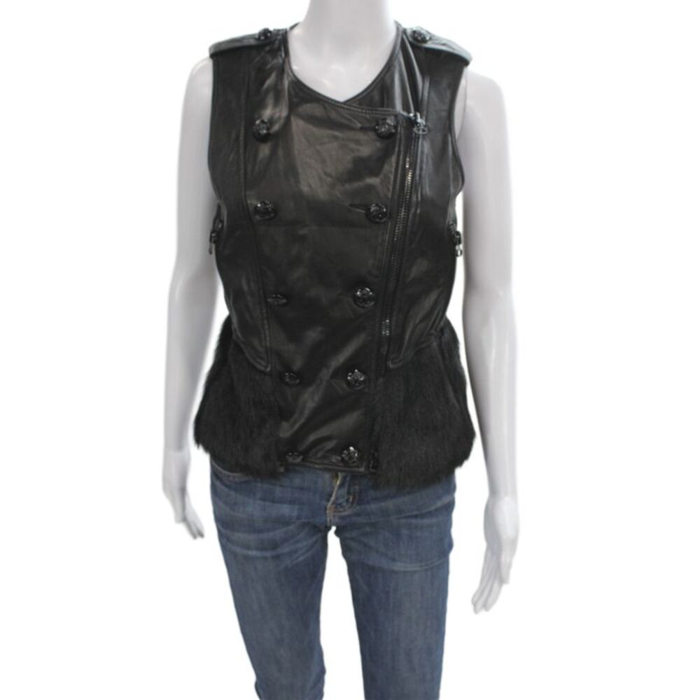 3.1 Phillip Lim Women Biker Jacket Black Lamb Leather Sleeveless Button Size 2